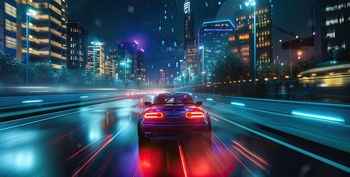Night drive through a futuristic city on an illuminated highway in a modern car with dazzling city lights