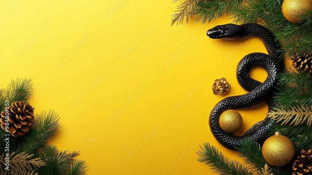 Wall mural Snakes are seen intertwined with festive decorations on a bright yellow background during the holidays