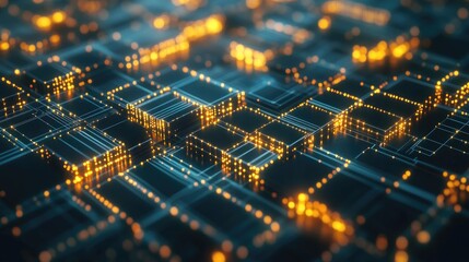 Obraz premium Abstract digital network with glowing lines and data blocks.