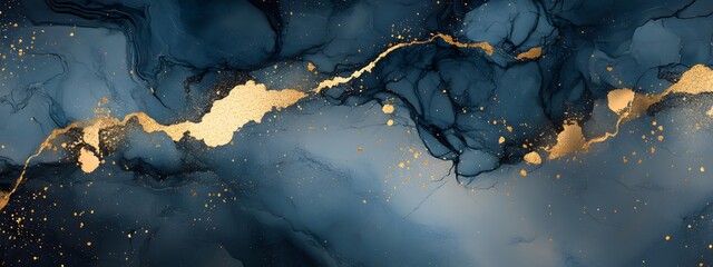Fototapeta premium Abstract blue and gold marble background, liquid watercolor effect, soft flowing textures with splashes of metallic silver glitter on a dark gray backdrop.