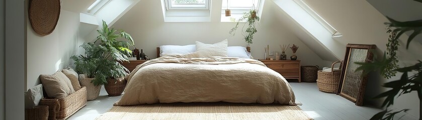A serene attic bedroom with a plush bed, natural decor, and ample plants, creating a cozy and inviting atmosphere.