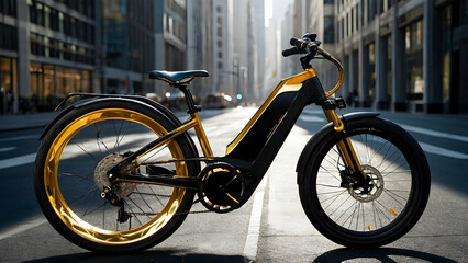 Fototapeta premium An electric bike with a sleek, modern design, featuring a yellow frame and black seat. It is positioned on a city street with tall buildings in the background.