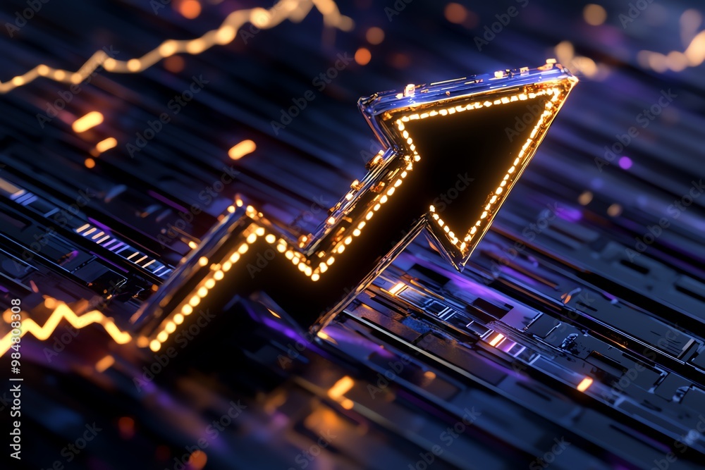 Poster Business development arrow, pointing upward with glowing lines and graphs representing growth and success