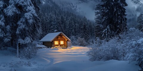 A warm cabin glowing in the snow 