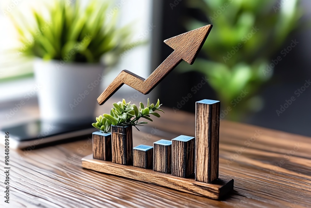Poster business growth analytics, showing a bold upward arrow and bar graphs in a clean, professional desig