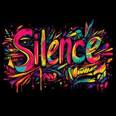 Bold "Silence" graffiti with colorful abstract leaves
