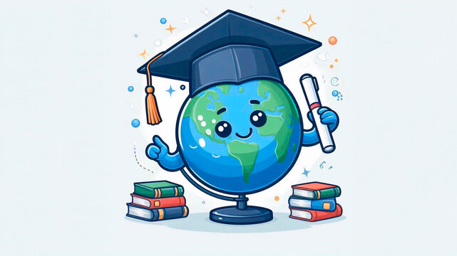 Illustration of a globe in a graduation cap