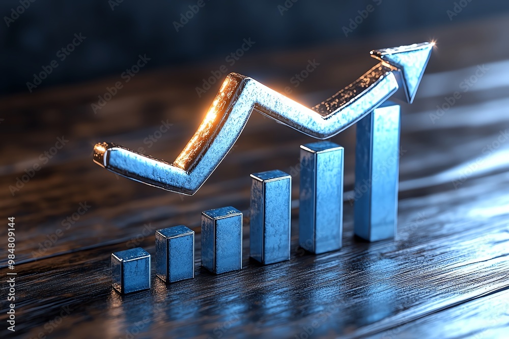 Poster business growth analytics, showing a bold upward arrow and bar graphs in a clean, professional desig