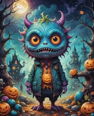 Little smiling monster in a forest on Halloween, illustration, advertising, graphic design.