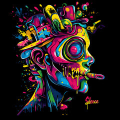 Colorful Abstract Graffiti Skull with the Word "Silence" and Dripping Paint in Vibrant Neon Colors on Black Background