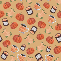 Watercolor autumn 2024 seamless pattern with pumpkin mug warm socks aroma candle For Halloween decoration wallpaper wrapping paper textile design Repeating beige ornament Cozy hand drawn endless print