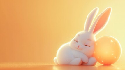 Obraz premium A cute white bunny rests its head on a large egg, bathed in warm light.