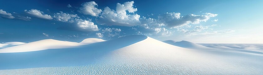 A serene desert landscape showcasing gentle, rolling sand dunes under a bright, blue sky with fluffy clouds.