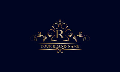 Elegant initial letter R monogram template. Exquisite illustration of company brand, emblem for restaurant, royalty, boutique, cafe, hotel, heraldic, jewelry, fashion.