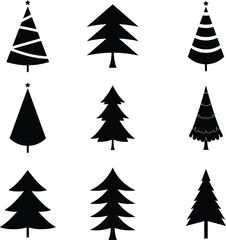 Vintage Christmas Tree Icons with Stars | Black Silhouette Set for Decoration | Vector Icons | Celebration | Pine Tree