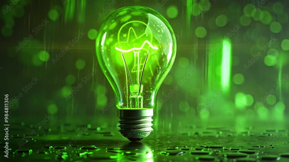 Poster A vibrant green light bulb emits a soft glow amidst a backdrop of water droplets in a dark setting, creating an enchanting atmosphere that symbolizes creativity and innovation.