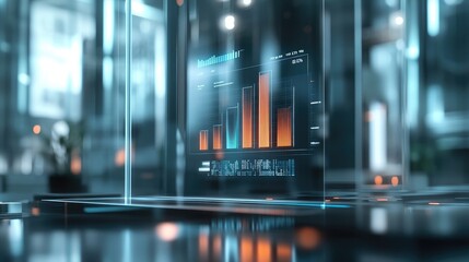 A 3D bar chart on a transparent digital interface, with bars representing different business metrics, shown in an office with blurred background for a high-tech feel