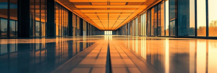 A wide, modern corridor featuring reflective surfaces and warm lighting with symmetrical design elements.