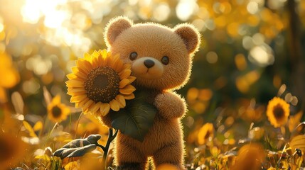 Fototapeta premium Adorable bear hugging sunflower heart eyes sunny background