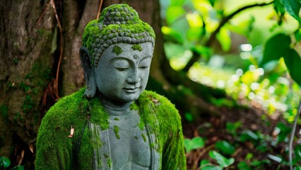 Fototapeta premium Moss-covered Buddha statue in a tranquil garden setting surrounded by nature