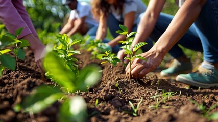 Dedicated volunteers are planting young trees in rows at a community garden, working together in the warm spring sunlight to improve the environment and promote sustainability.