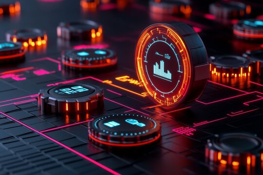 Futuristic budget chart, with digital holograms and glowing lines showing expense categories