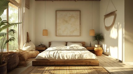 A serene and cozy bedroom featuring natural elements and soft light, perfect for relaxation and restful sleep.
