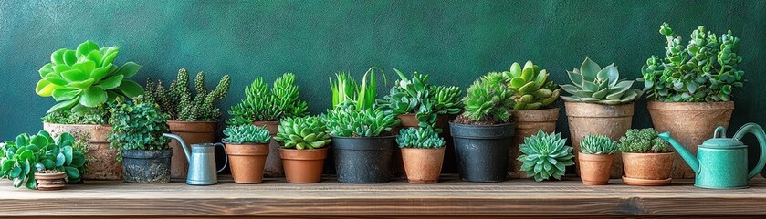Fototapeta premium A beautiful display of various potted succulents on a wooden shelf against a green backdrop, perfect for home decor inspiration.