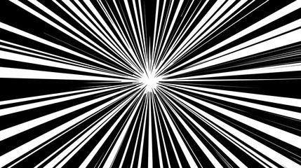 Black and white sunburst abstract on white and transparent background. Ray burst, explosion, comic big bang. Superhero action speed frame. Radial lines. Monochrome design element. Textured backdrop