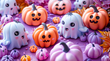 Cutie kawaii-style ghosts and cheerful pumpkins on a purple background, celebrating the joy of Halloween with charm and whimsy