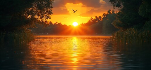 A bird silhouetted against a fiery sunset over a calm lake.