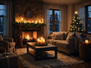 Cozy living room decorated for Christmas with a gift and glowing fireplace.