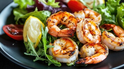 A beautifully arranged serving of grilled shrimp with a side of fresh salad and a lemon wedge, showcasing a delicious and healthy meal.