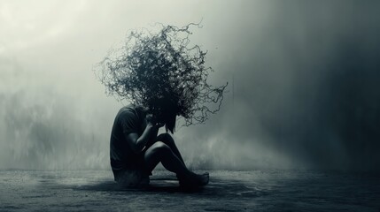 Surreal image of a silhouette on a foggy shore, depicting mental health, anxiety, and emotional turmoil