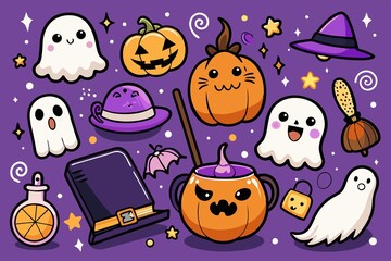 Halloween Stickers Collection. Cute elements for Halloween holiday. Ghosts, spell book, potion, broom, black cat, pumpkins. Purple ;pink isolated background. Hand-drawn style, banner, poster.