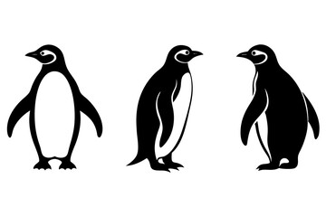 Black penguin silhouette, line art icon, vector illustration on white background.