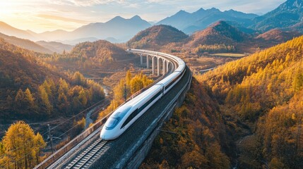 A bird-eye view of a high-speed train weaving through a landscape of mountains and valleys, demonstrating the integration of advanced transport into nature.