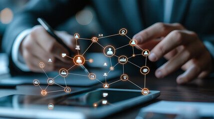 image depicts business professional engaging in management strategy, utilizing digital tools to connect with network of icons representing various business concepts. scene conveys sense of innovation
