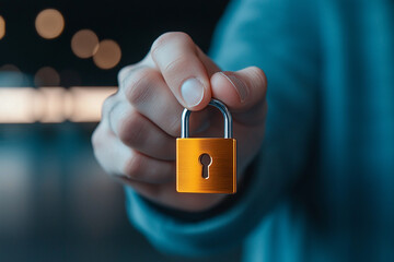 A person holding small golden padlock symbolizes security and protection in digital age. This image conveys importance of safeguarding personal information and privacy