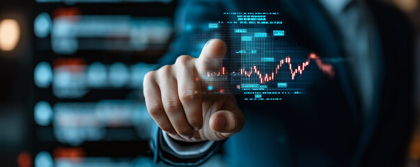 A businessman interacts with digital interface displaying financial data and upward trends, symbolizing growth and innovation in business world