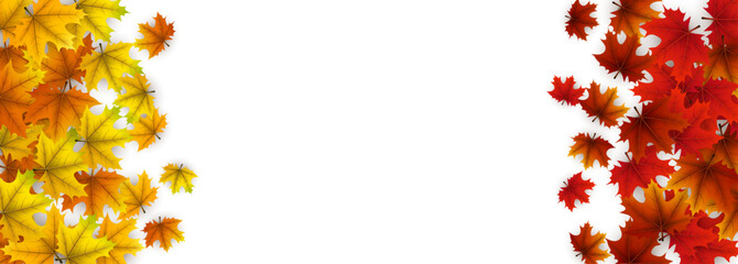 Yellow, orange, and red maple leaves create left and right borders on a white background. Perfect for seasonal designs, announcements, or invitations.