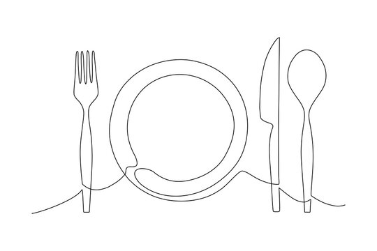 Cutlery set on a plate featuring a fork, spoon, knife, Continuous one line of fork, spoon, plate and knife Cartoon doodle hand drawn isolated on white background, Vector Illustration Editable stroke