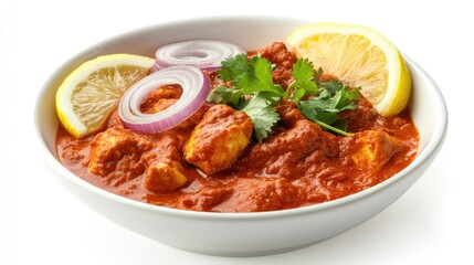 A bowl of Chicken Tikka Masala with a garnish of fresh coriander, served with slices of red onion and lemon wedges, all set against a clean white background.