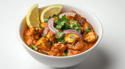 A bowl of Chicken Tikka Masala with a garnish of fresh coriander, served with slices of red onion and lemon wedges, all set against a clean white background.