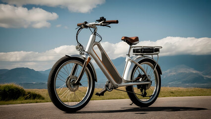 Fototapeta premium A modern electric bicycle parked on the side of a road, set against a scenic backdrop of mountains and a cloudy sky.