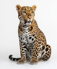 Fototapeta premium Leopard Sitting in Grass Staring Intently with Piercing Yellow Eyes in Safari Environment