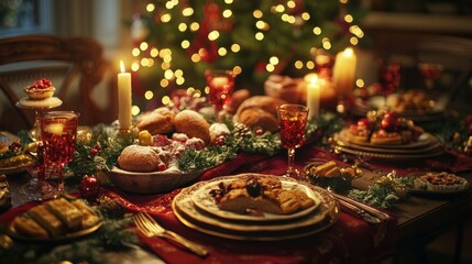 Naklejka premium A family gathered for a Christmas dinner, the table adorned with holiday treats.