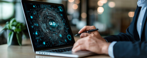 Digital marketing strategy is being analyzed on laptop, showcasing data visualization and technology. businessperson is focused and engaged in their work, highlighting importance of digital tools in m