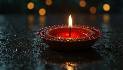 Decorated red Diya glowing in the rain for Diwali.