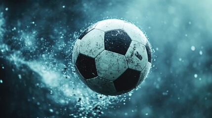 Naklejka premium Dramatic shot of a soccer ball mid-air during a powerful kick, illustrating the precision and skill of professional athletes.